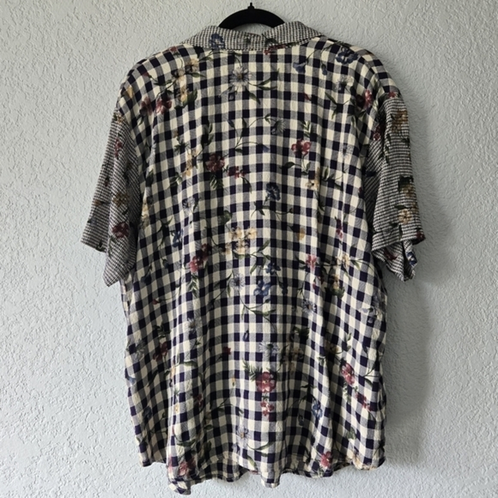 Teddi Vintage Mixed Print Gingham Floral Button Up Shirt Short Sleeve Purple L - Picture 3 of 6